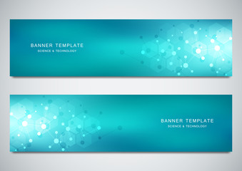 Vector banners design for medicine, science and digital technology. Molecular structure background and communication with connected lines and dots.