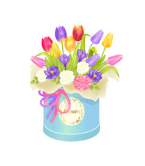 Bouquet and Box with Flowers Vector Illustration