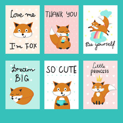 Cute foxes cards vector template set