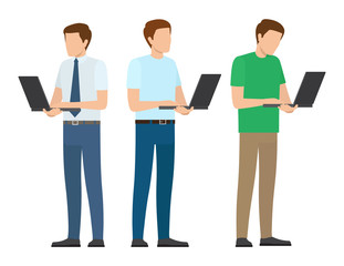Men Set Standing Full Length Working on Laptop