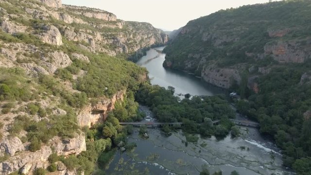 Aerial shot of canyon and waterfall - Krka, roski slap