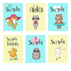 Summer animal cards vector hand drawn illustration