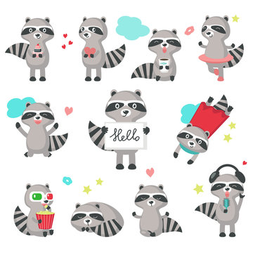 Cute raccoon icon set vector isolated illustration