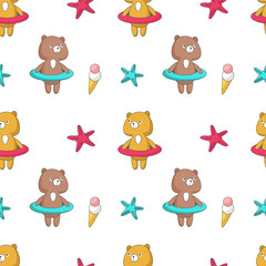 Summer vector seamless pattern with funny bear
