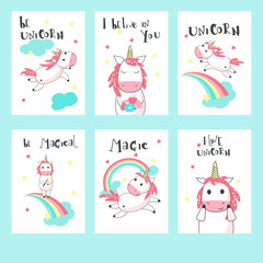 Vector set of unicorn greeting, invitation cards