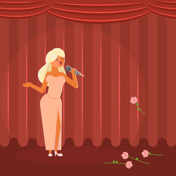 Woman singing on stage vector flat illustration