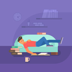 Boy reading book on sofa vector flat illustration