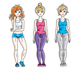 Happy pretty young women standing in stylish sportswear. Vector diversity people illustrations set. Lifestyle theme fem characters.