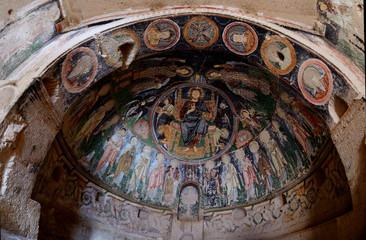 Fototapeta na wymiar Christ Pantocrator fresco in cave crusader's church ,Rose valley, Cappadocia,Turkey