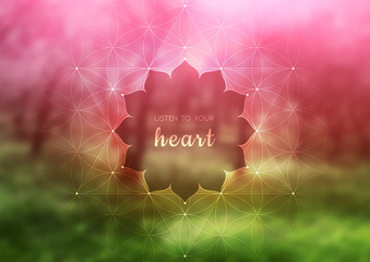 Vector template of banner with inspirational phrase, horizontal format; Spiritual sacred geometry; "Flower of life" and lotus on beauty blurred background with forest; Yoga, meditation and relax.