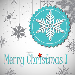 Abstract colorful background with snowflakes, fir branches and a huge white snowflake on a rounded blue shape. Christmas postcard concept.