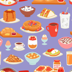 Breakfast vector coffee and fried eggs with sweet dessert in the morning illustration set of healthy food porridge or cereal and croissant on coffeebreak seamless pattern background