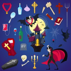 Vampire vector cartoon dracula character in scary halloween costume and vampirism signs illustration set of spooky evil monster in graveyard or castle with bat isolated on background