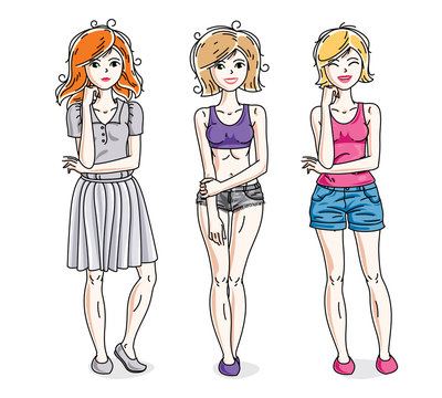 Happy cute young adult girls standing wearing fashionable casual clothes. Vector diversity people illustrations set.