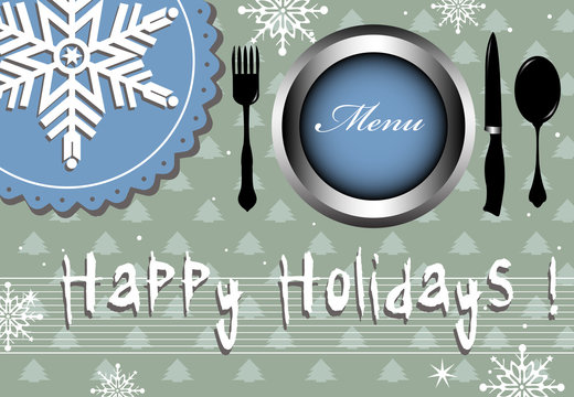 Colorful menu cover with plate, fork, knife, spoon and the text Happy Holidays written with white letters. Holidays Menu concept