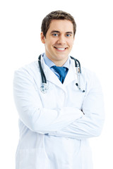 Fototapeta premium Portrait of happy smiling doctor, isolated on white background