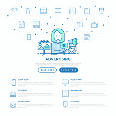 Advertising concept: woman gives ad on billboard, email and social media. Thin line icons: street ads, newspaper, magazine, product promotion, GEO targeting. Vector illustration, web page template.