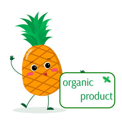 A cute pineapple cartoon character holds a plate of organic foods. Vector illustration, a flat style.