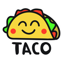 Taco. Vector hand drawn icon, lettering, illustration on white background. Business concept for cafe, restaurant.
