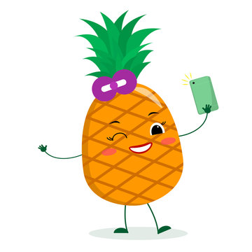 Cute pineapple cartoon character with bow. Holds a phone and makes selfies. Vector illustration, a flat style.