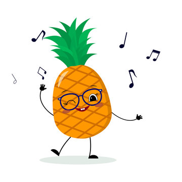 Cute pineapple cartoon character in glasses dances to music. Vector illustration, a flat style.