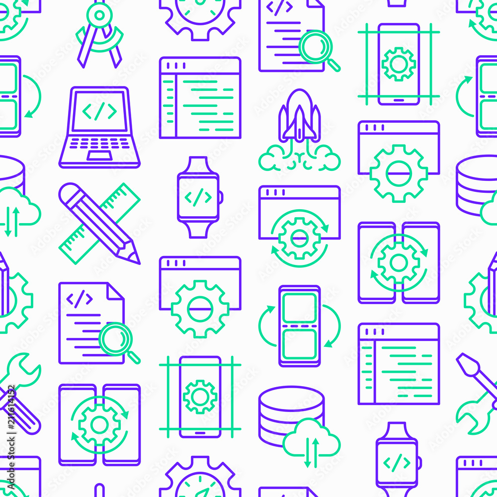 Wall mural app development seamless pattern with thin line icons: writing code, multitasking, smart watch app, 