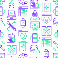 App development seamless pattern with thin line icons: writing code, multitasking, smart watch app, engineering, updates, cloud database, testing, settings, design. Vector illustration.