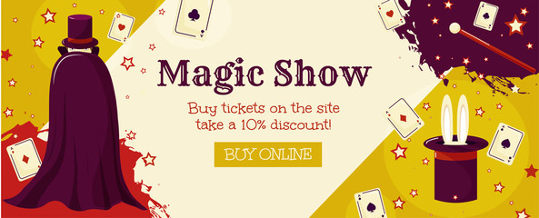 Magic show. A banner template with a wizard, cards and a magic wand. Circus tricks