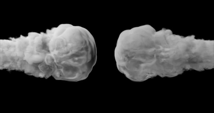 Black and white smoke explosion abstraction in slow motion on the dark background. Close up. With alpha matte channel.