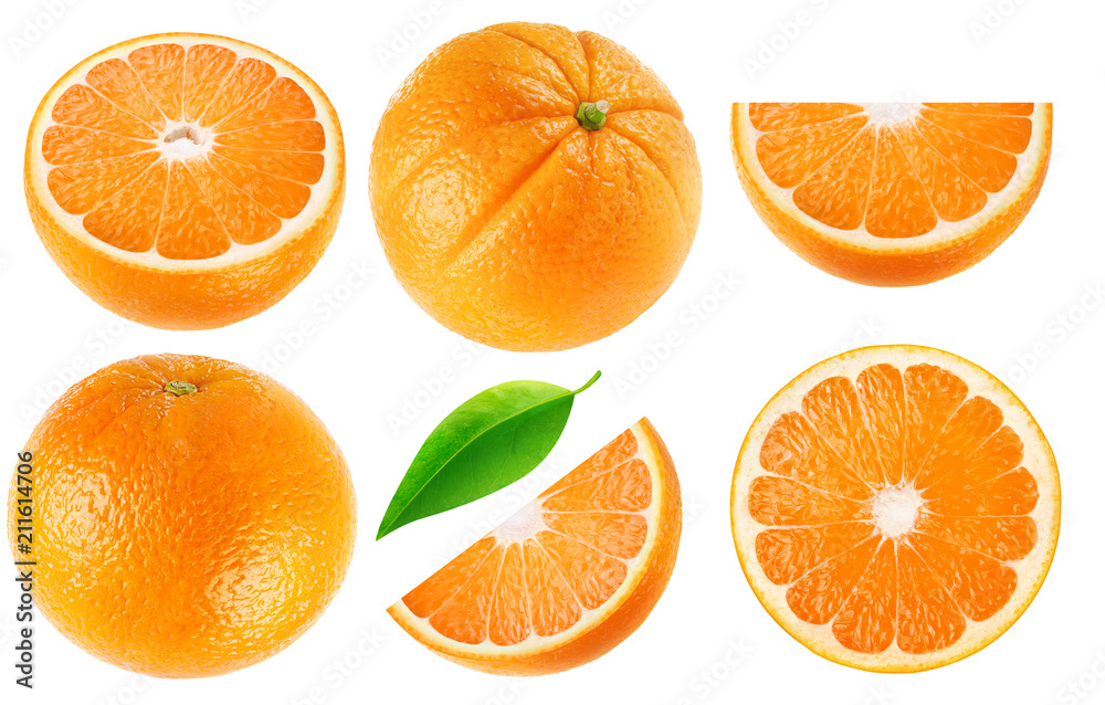 Aufkleber isolated oranges collection. whole orange fruits and cut into pieces isolated on white background wi