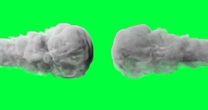 Gray smoke blowing out and colliding abstraction in slow motion on the gren screen background. Chroma key. Close up. With alpha matte channel.