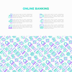 Fototapeta na wymiar Online banking concept with thin line icons: deposit app, money safety, internet bank, contactless payment, credit card, online transaction. Modern vector illustration, print media template.