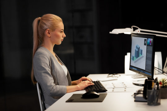 business, deadline and technology concept - businesswoman or designer with 3d model in graphics editor on computer screen working at night office