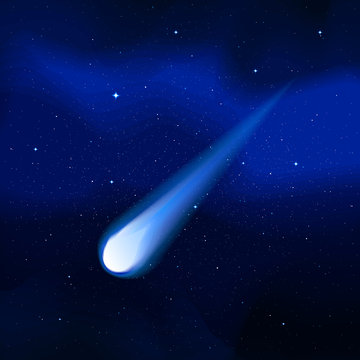 Vector illustration of a flying in space comet. Constellation glowing blue light. Stars and starry sky. Milky Way.