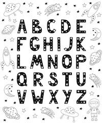 English alphabet for kids in Scandinavian style with space illustrations.