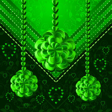 Luxury in vintage style. Elegant illustration with floral elements, ornament, pendants, ribbon, green fabric. Vector illustration.