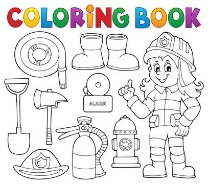 Coloring book firefighter theme set 1