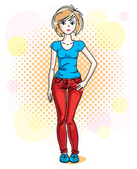 Attractive blonde woman posing on colorful backdrop with bubbles and circles and wearing casual clothes. Vector nice lady illustration.