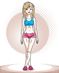 Young beautiful blonde slim woman adult standing. Vector illustration of nice lady wearing pink shorts. Work out and training theme.