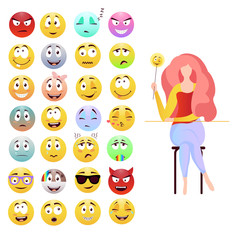 Naklejka premium Young women standing near emoji head symbol.Using smart phones for texting to live chat, messengers and networks. Flat concept illustration of online talk.Emoji or smileys icons set for web