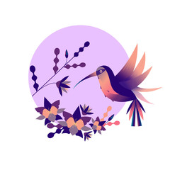 Floral round flat illustration  with palm leaves, exotic flowers and hummingbirds on a white background. Vector illustration.