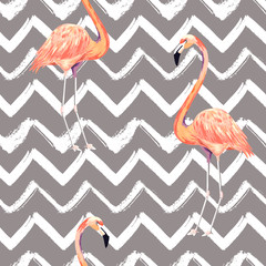 Abstract seamless pattern with exotic flamingo on striped chevron background. Summer watercolor print. Vector illustration