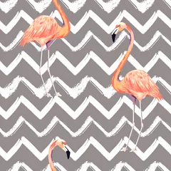 Wall murals Chevron Abstract seamless pattern with exotic flamingo on striped chevron background. Summer watercolor print. Vector illustration