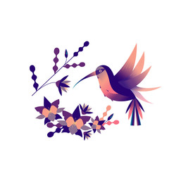 Floral round flat illustration  with palm leaves, exotic flowers and hummingbirds on a white background. Vector illustration.