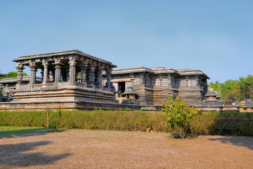 Fototapeta na wymiar View of Nandi Mandapa and Hoysaleshwara Temple, Halebid, Karnataka. View from North East.
