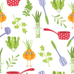 Seamless pattern with onion, parsley, ladle, porridge  in cartoon style isolated on white background. Vector illustration.