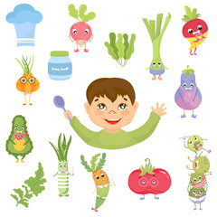 Cute little baby in diaper looking up. Curios child with finger in mouth choosing food. Healthy meal for children. Cartoon set with isolated  vegetables, meat, baby food. Kid's menu infographic.
