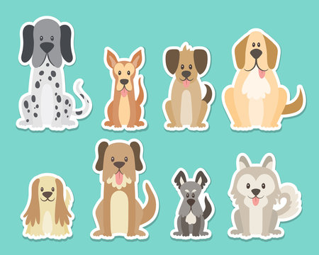 Sticker collection of different kinds of dogs. Sat dogs in front view position. Dalmatian, schnauzer, coker, german. Vector illustration.