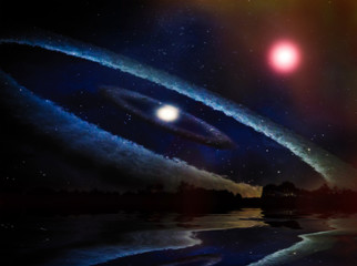 Spiral Galaxy and stars in space from surface of planet