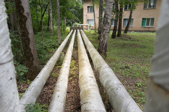 Laying Of Heat-insulated Large Diameter Pipes For Hot Water Supply During The Construction Of A Residential Area. Pipes Are Insulated With Special Materials. Are Above The Ground.